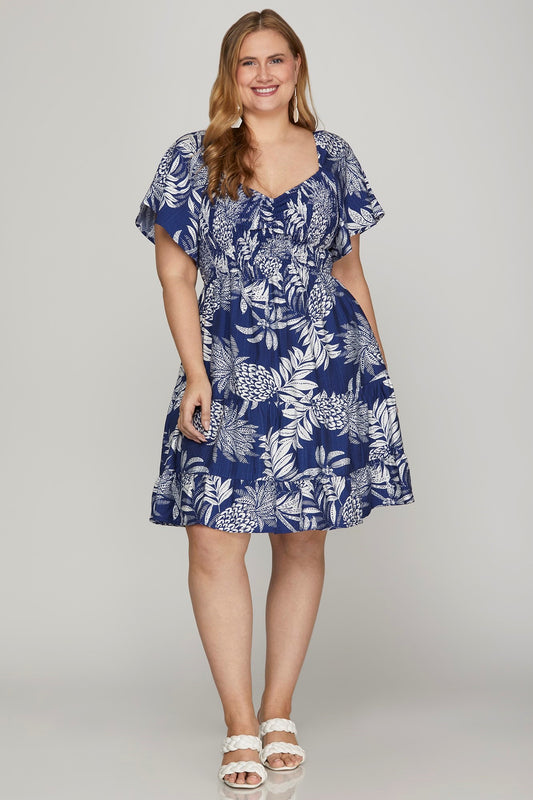 Royal Blue Leaf Print Dress