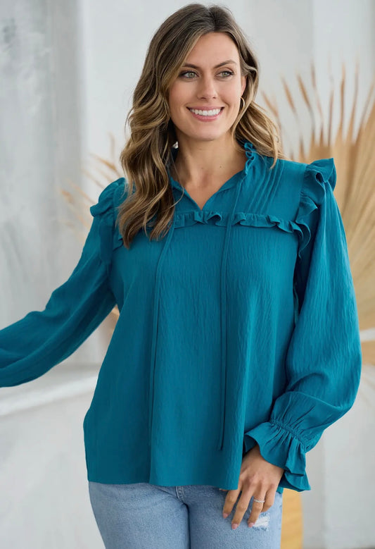 Teal Ruffle Flutter Blouse