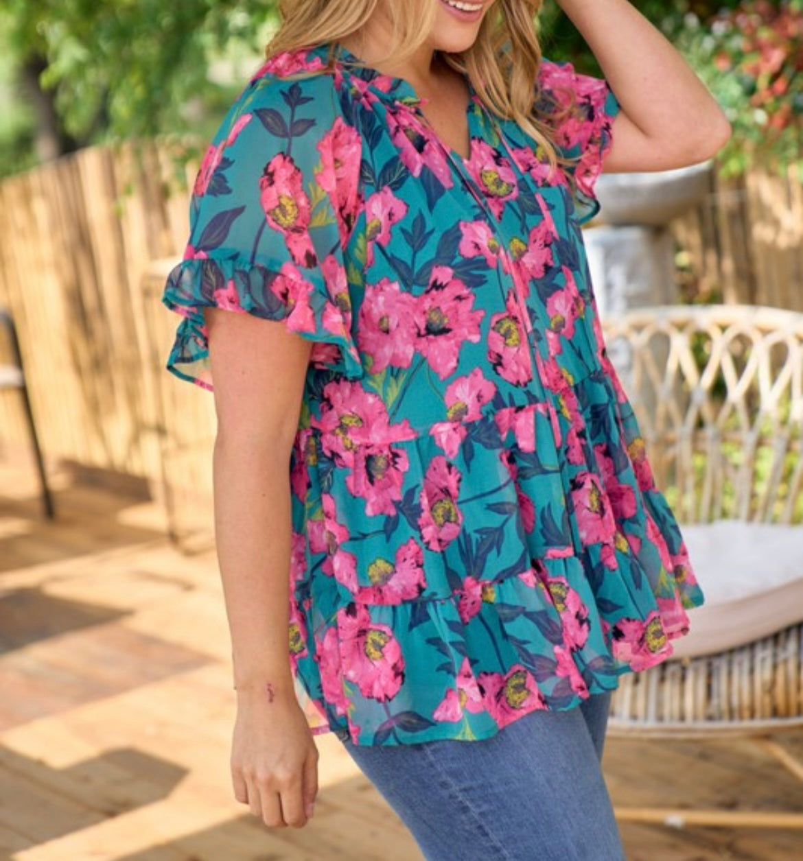 Teal and Hot Pink Floral Blouse