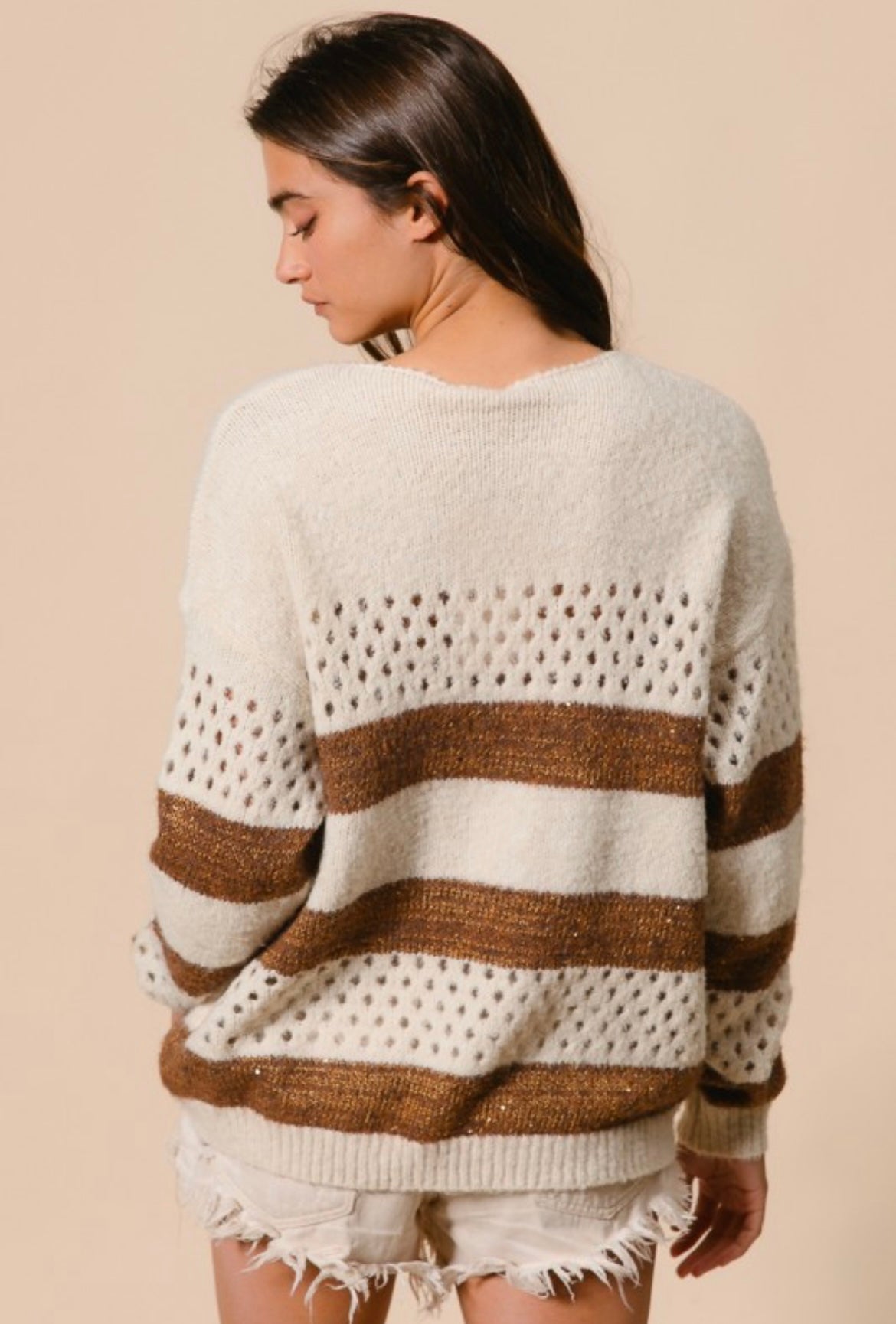 Ivory and Brown Striped Patterned Sweater