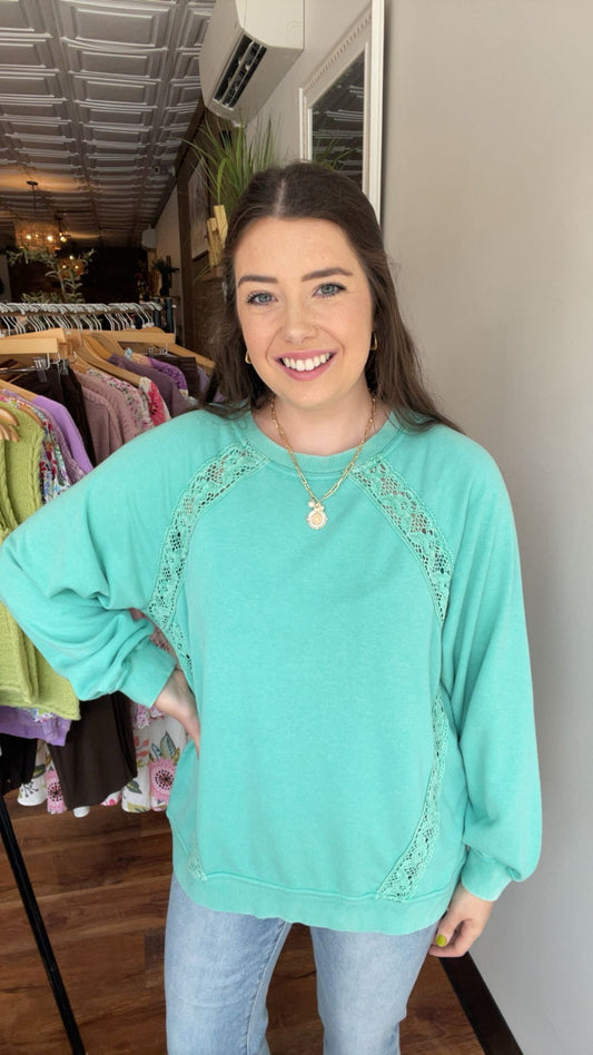 Mint French Terry Sweatshirt with Lace Detail