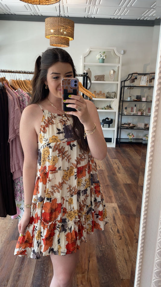 Rust and Charcoal Floral Tiered Dress