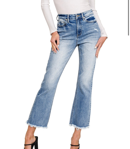 Medium Wash Cropped Raw Hem Denim