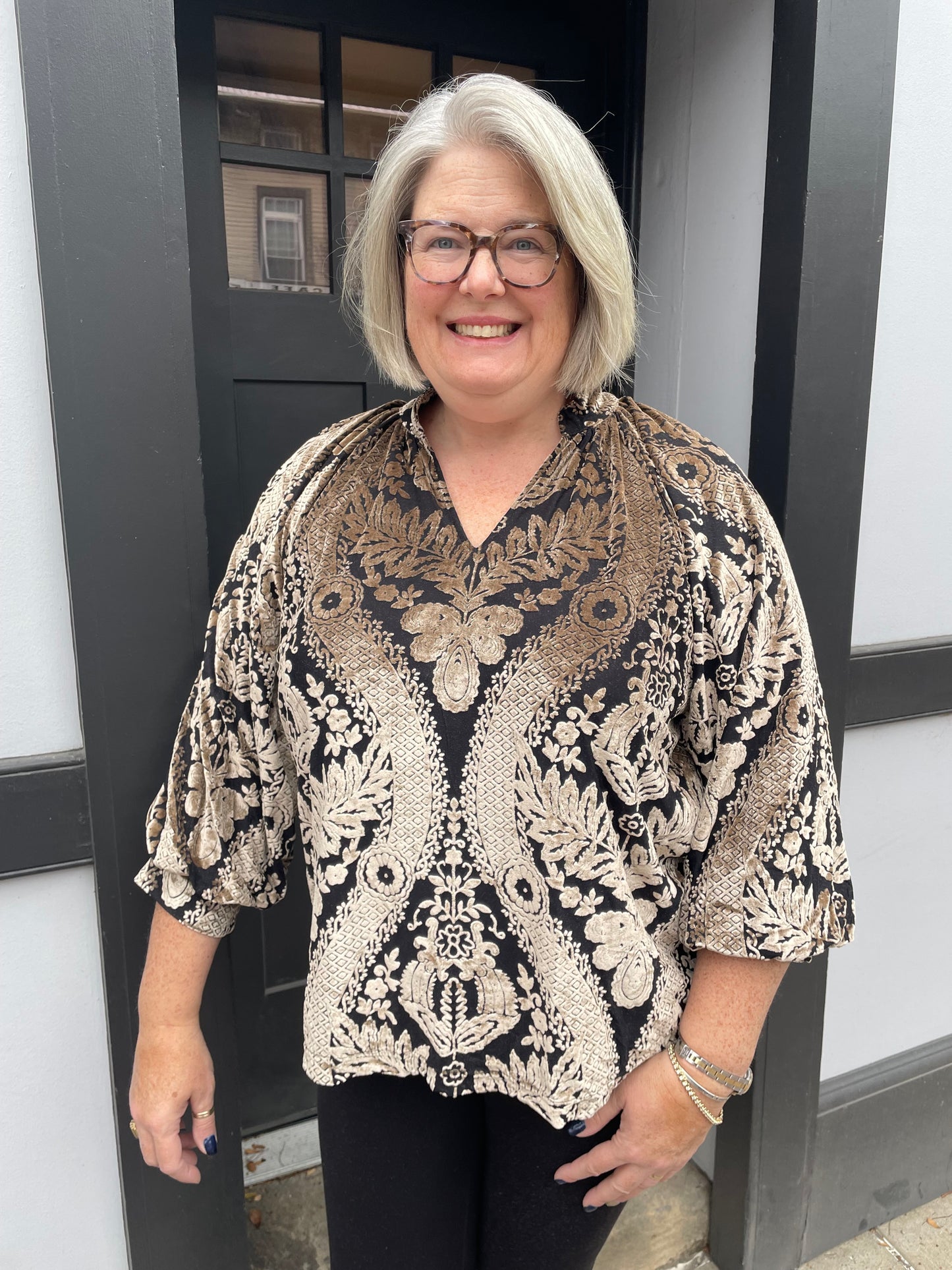 Black and Champagne Velvet Blouse