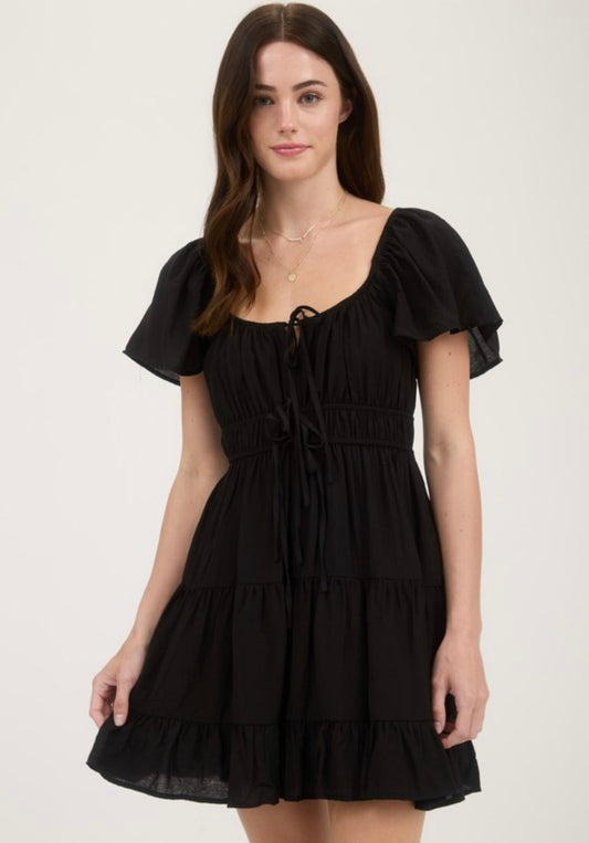 Black Front Tie Tiered Dress
