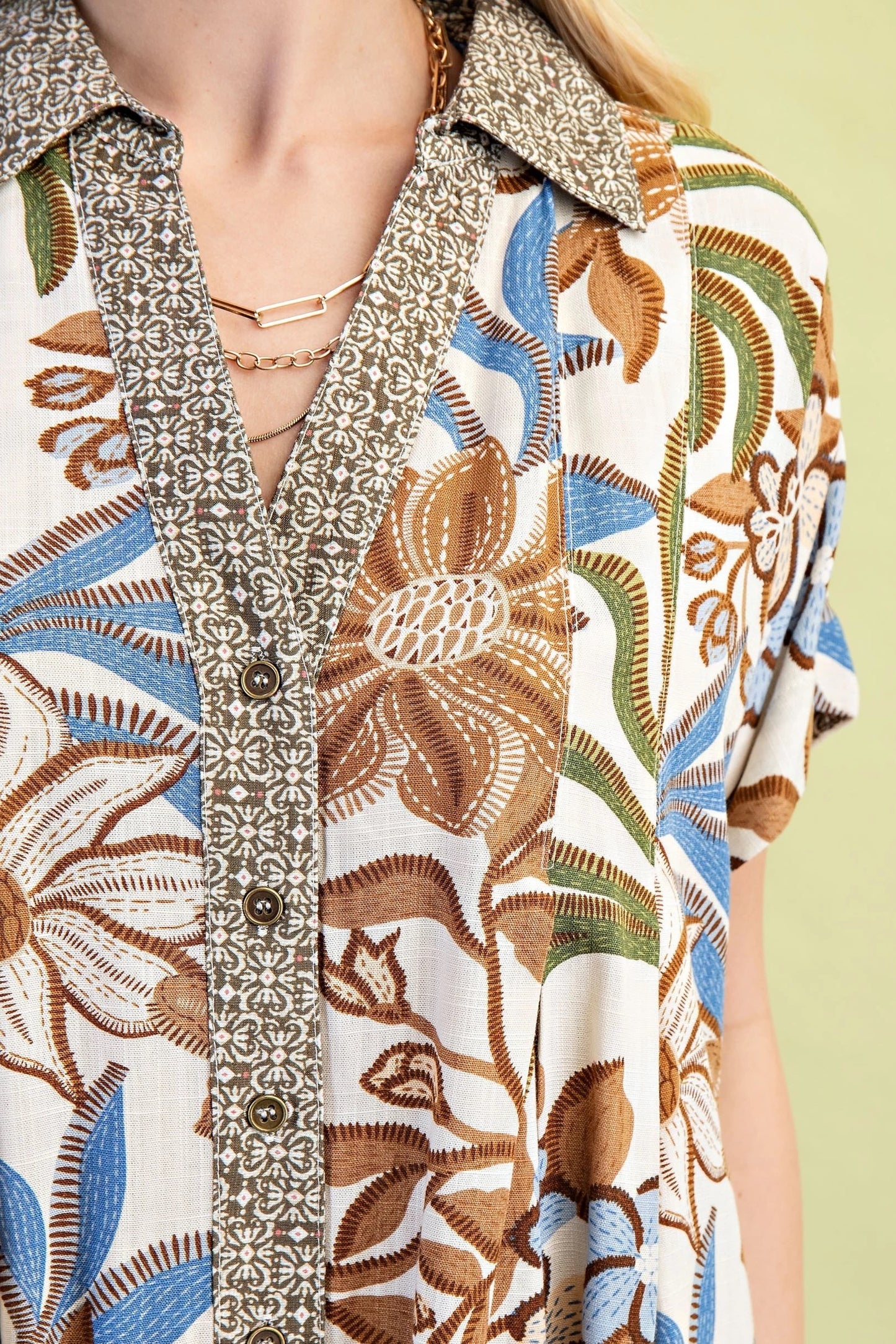 Mocha Mixed Print Button Down Blouse