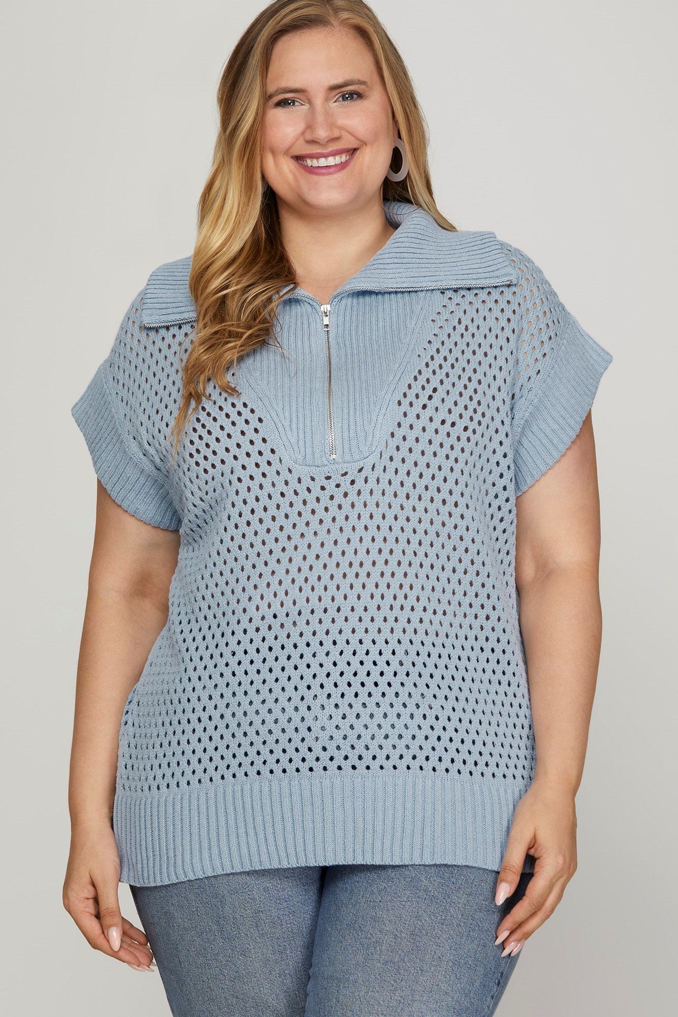 Light Blue Half Zip Sweater Top