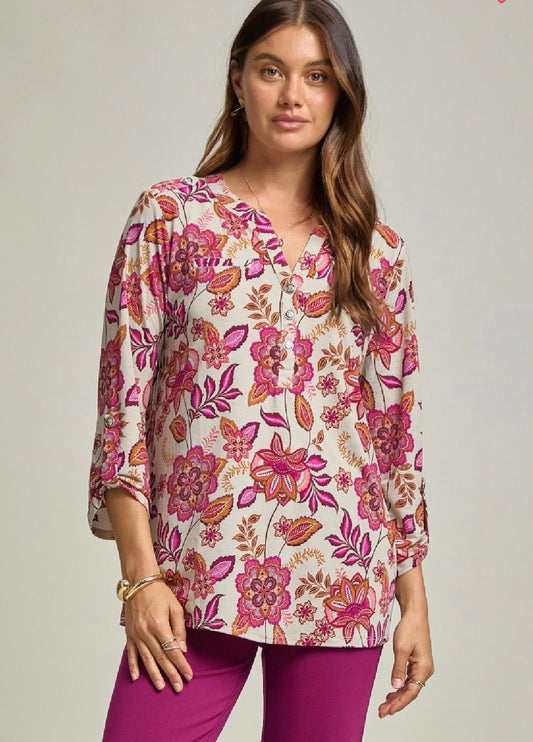 Stone and Pink Wrinkle Resistant Blouse with Buttons
