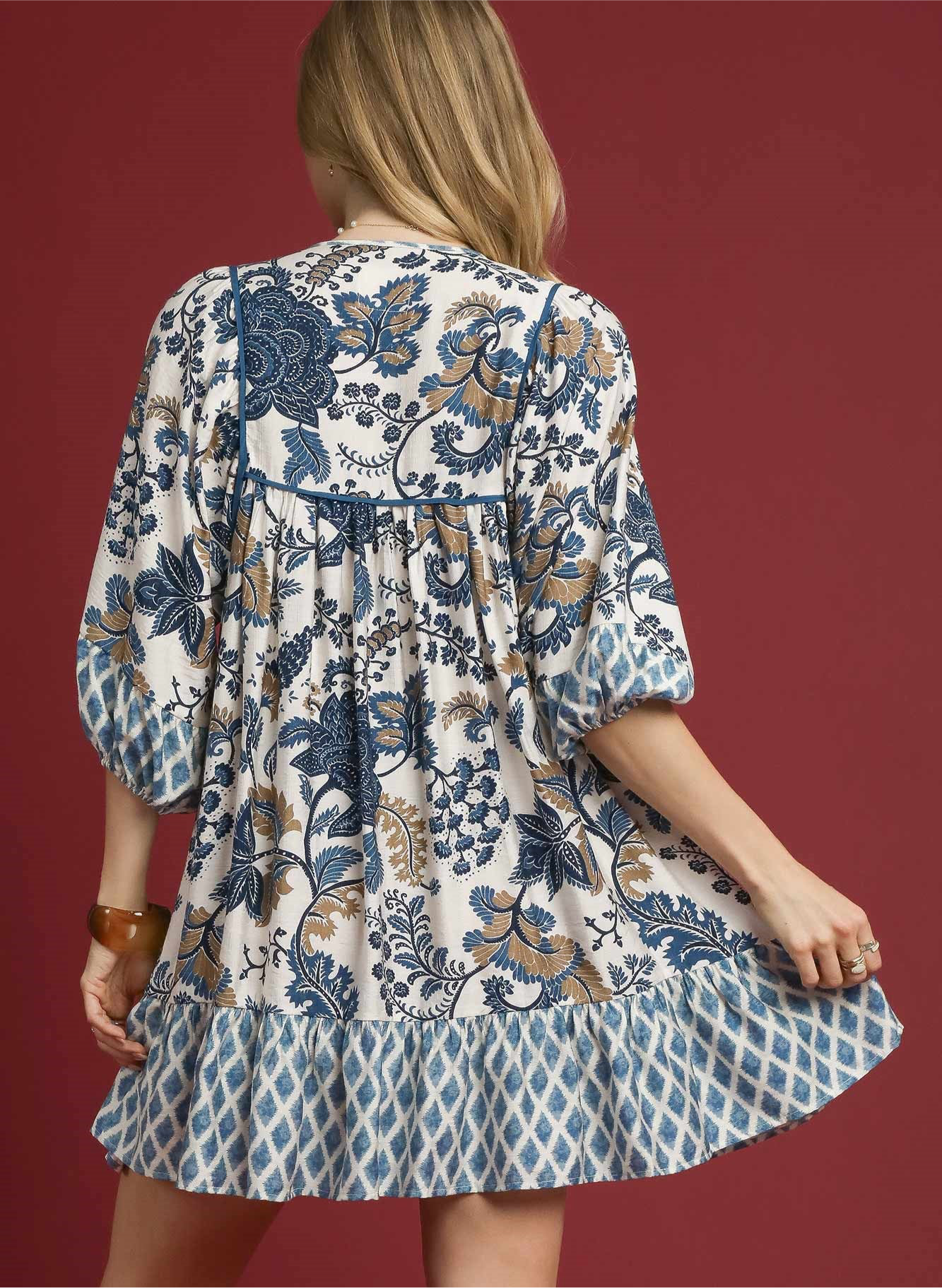Blue Mixed Print Dress