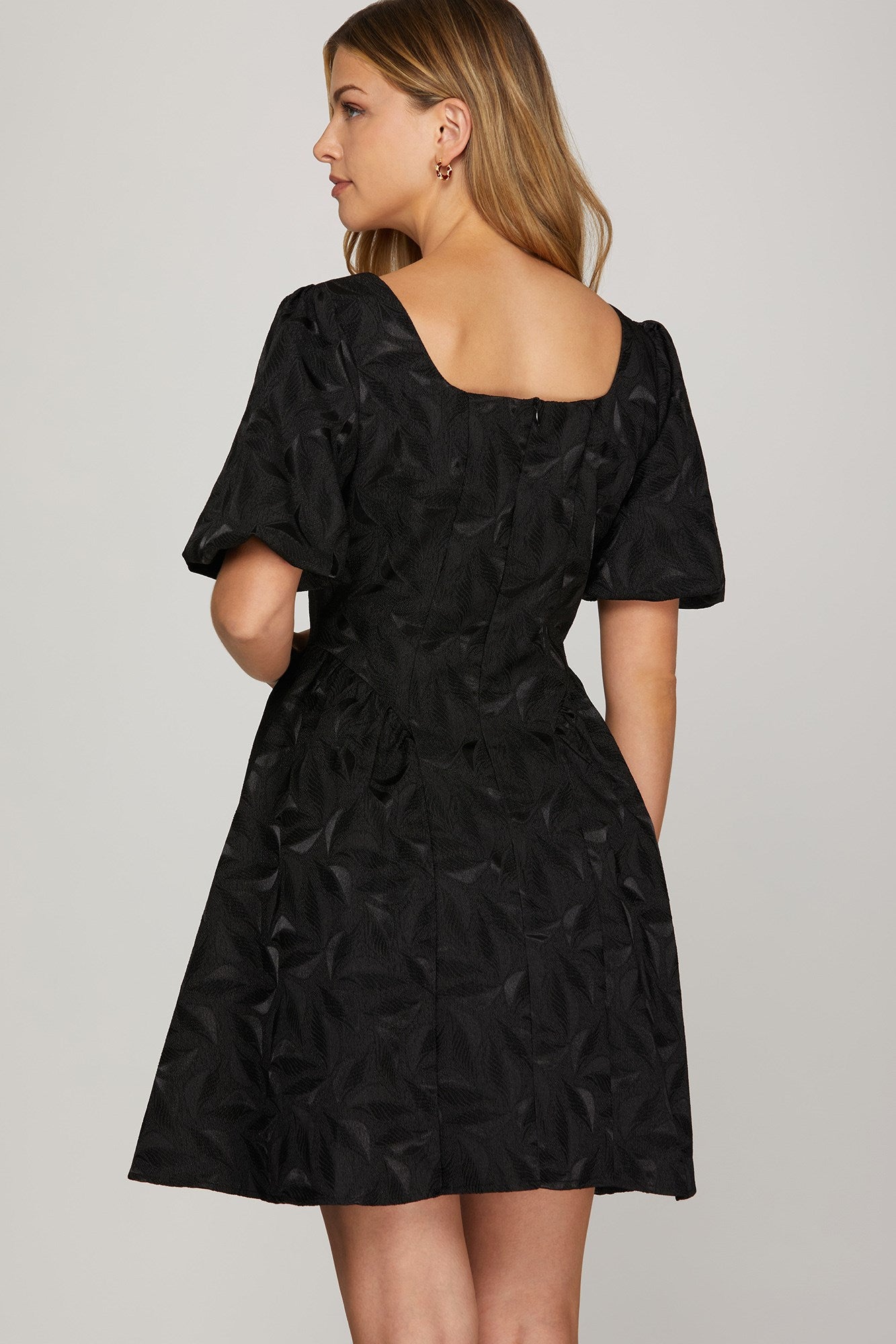 Black Puff Sleeve Jacquard Mini Dress