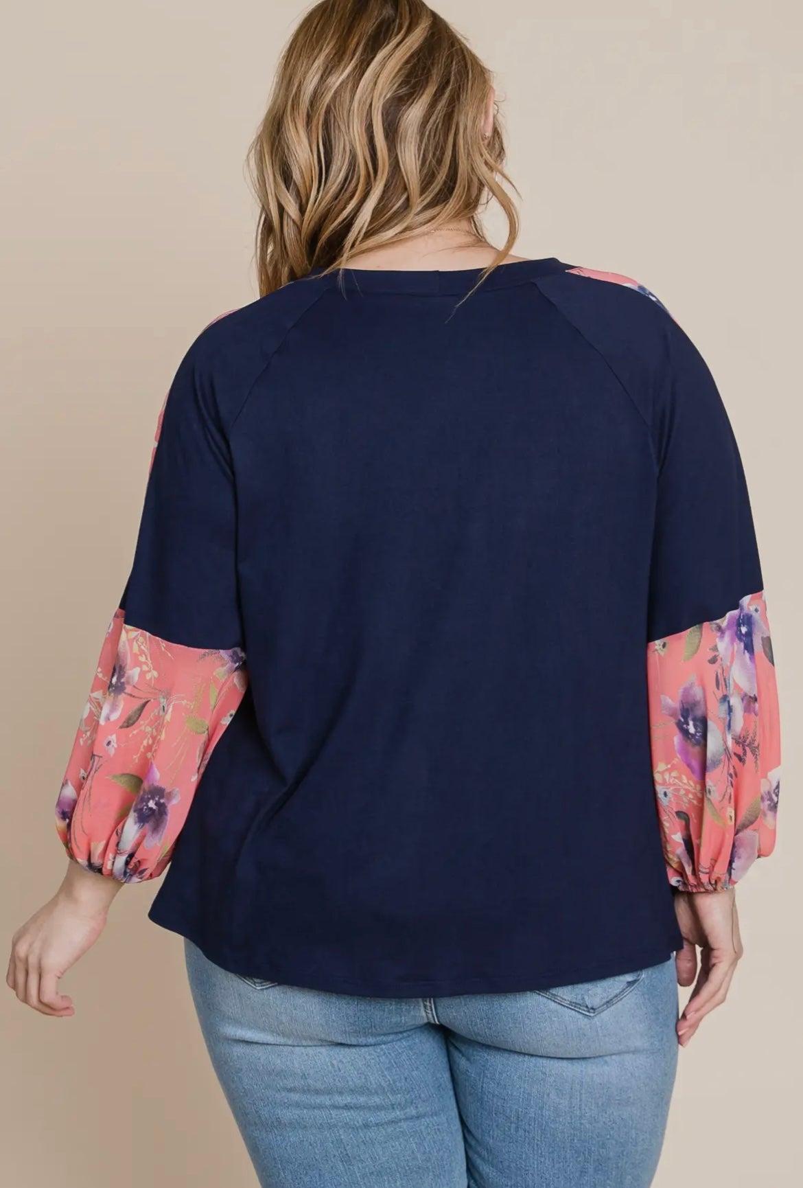 Navy Top with Coral Floral Chiffon Sleeves