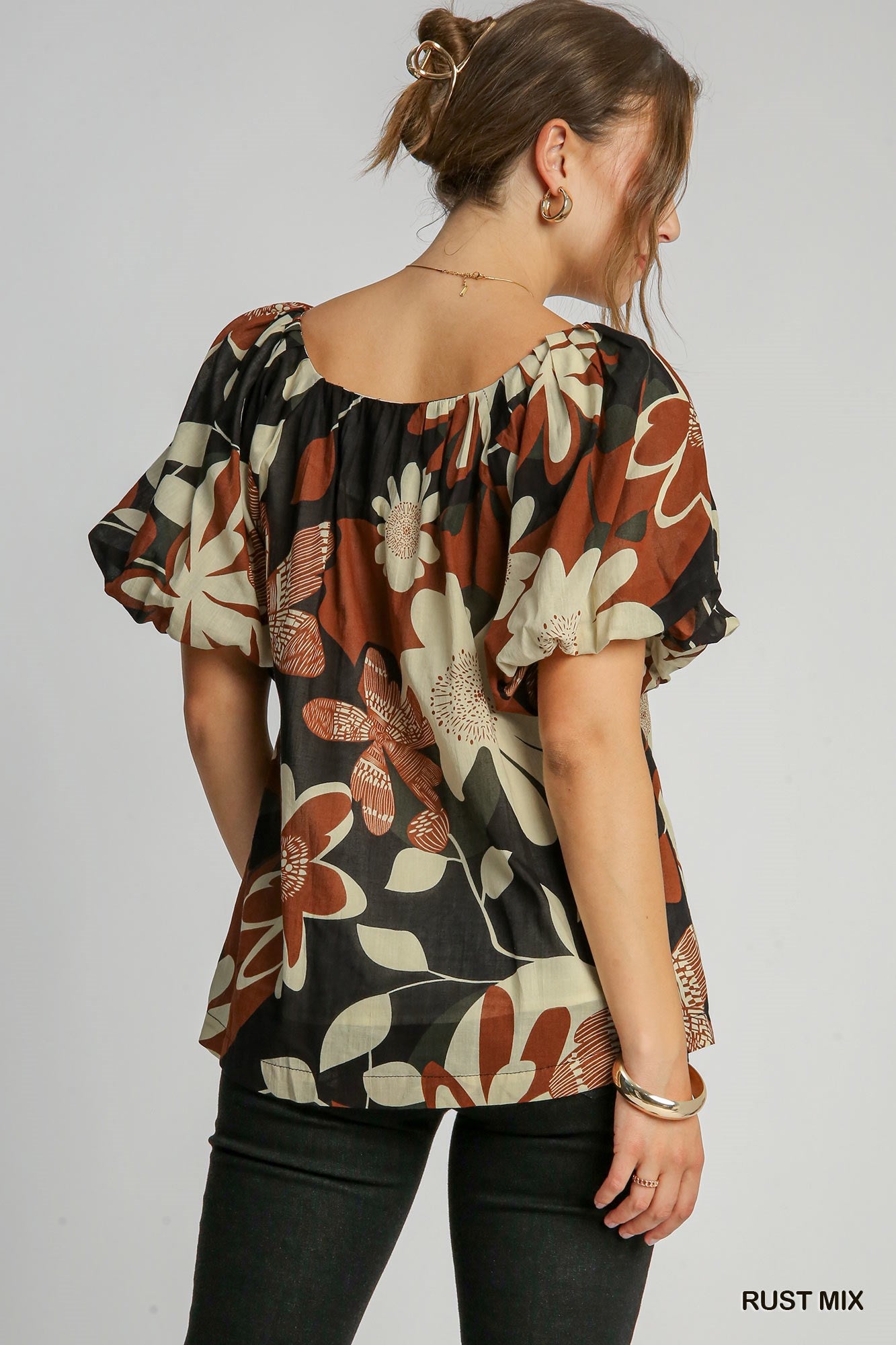 Rust Mix Puff Sleeve Blouse