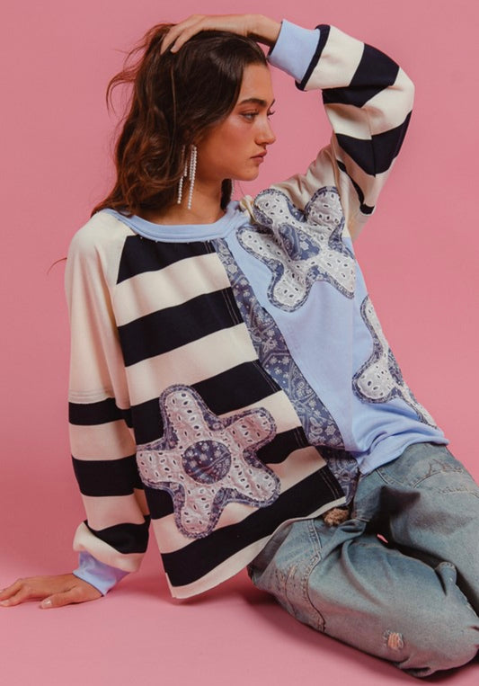Flower and Stripe Patchwork Top