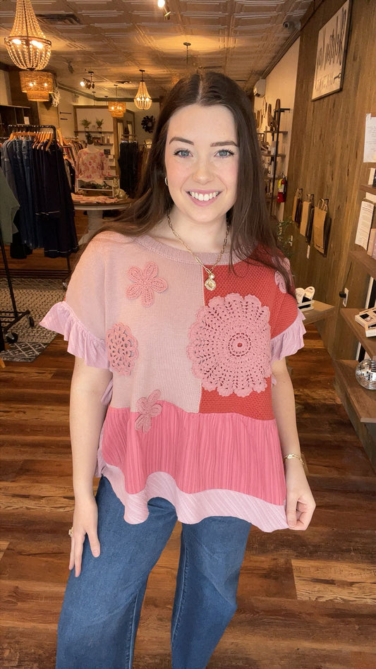 Pink Ruffle Detail and Crochet Top