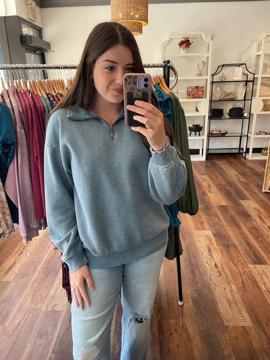 Blue Grey Mineral Wash Half Zip Pullover
