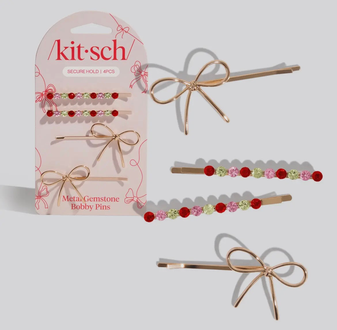 Gemstone and Bow Bobby Pin 4-Piece Set