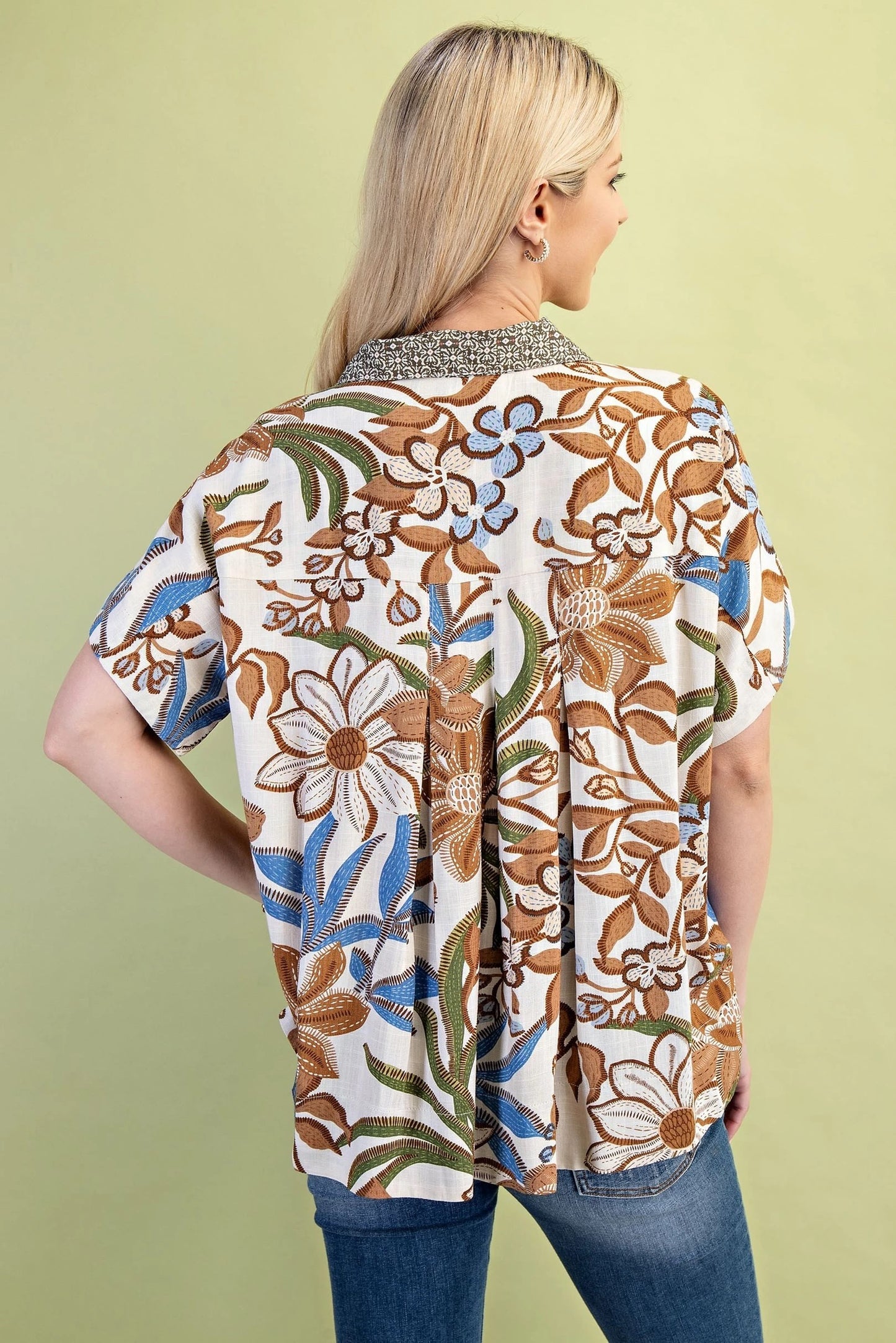 Mocha Mixed Print Button Down Blouse