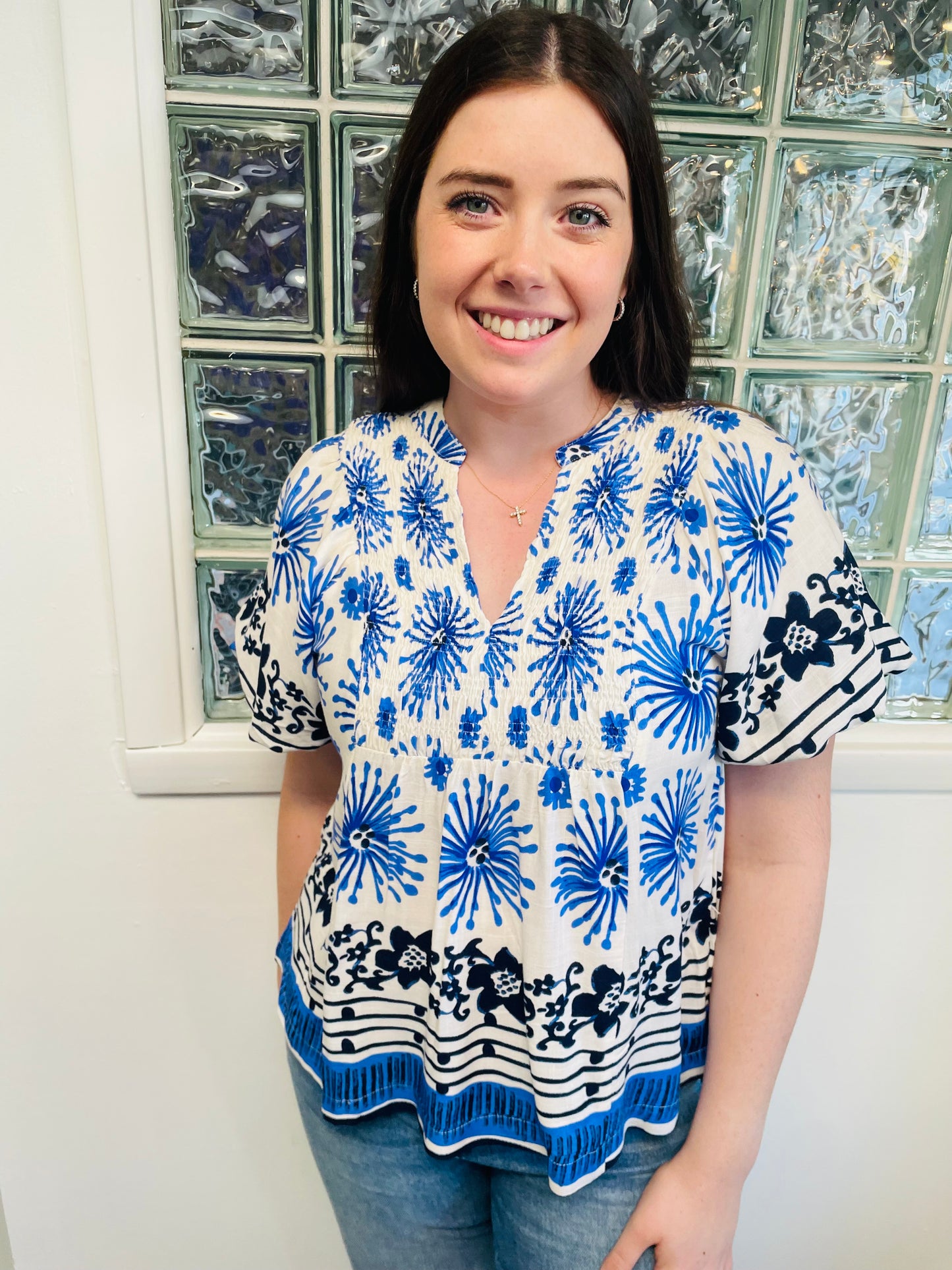 Blue Mixed Border Print Top