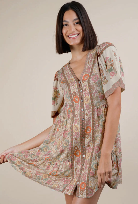 Mocha Floral Mix Mini Dress