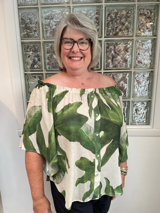 Green Leaf Print Flowy Blouse