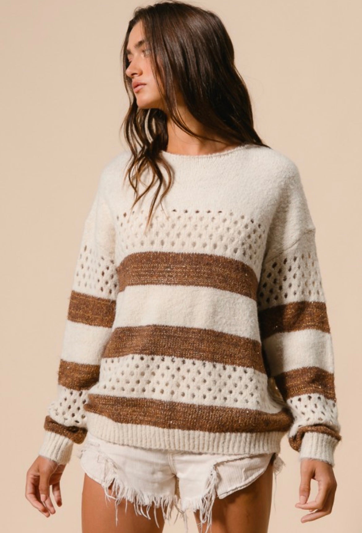 Ivory and Brown Striped Patterned Sweater