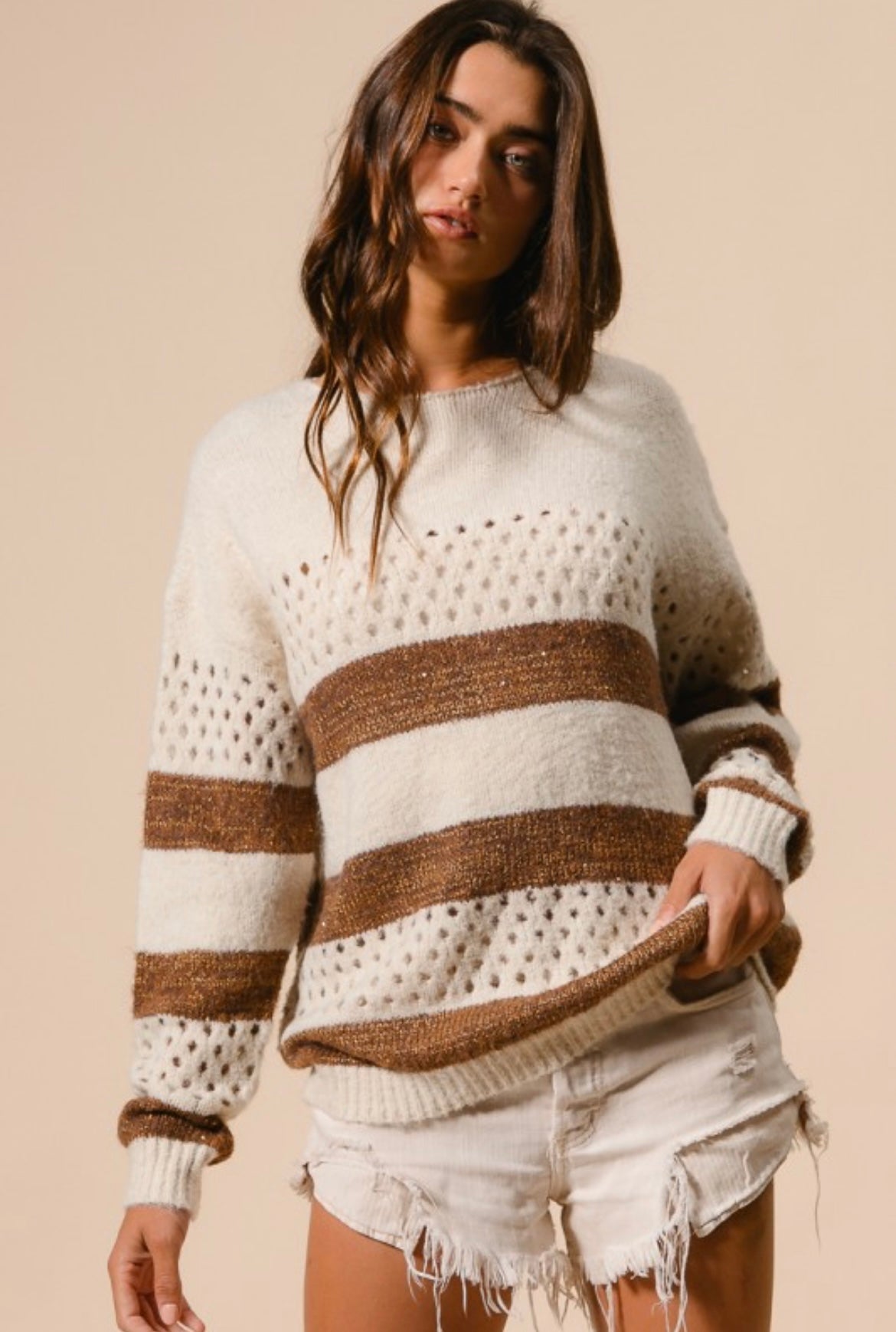 Ivory and Brown Striped Patterned Sweater