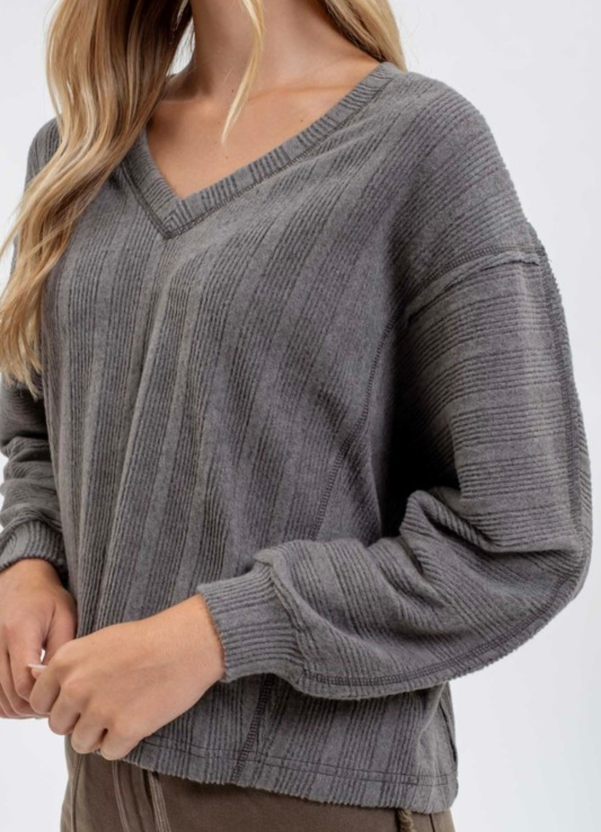 V-Neck Knit Top with Reverse Stitching