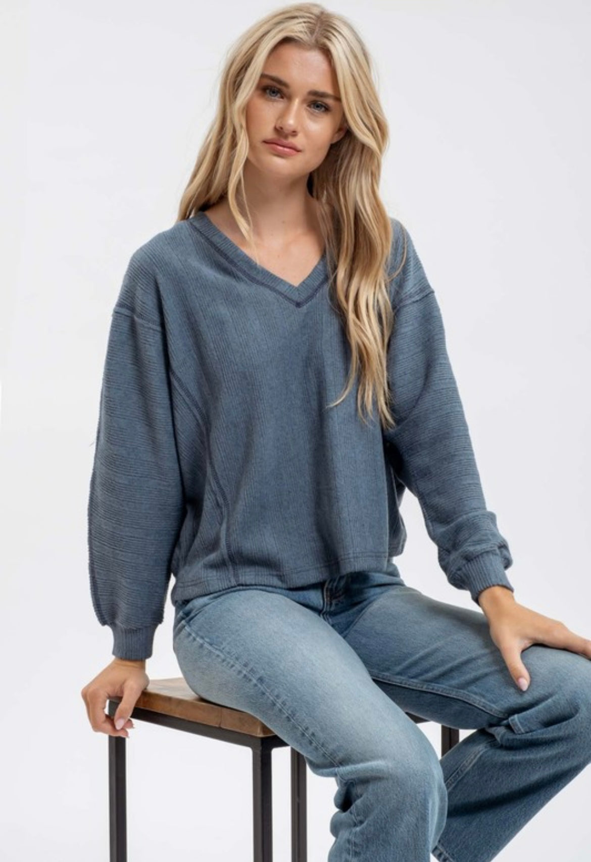 V-Neck Knit Top with Reverse Stitching