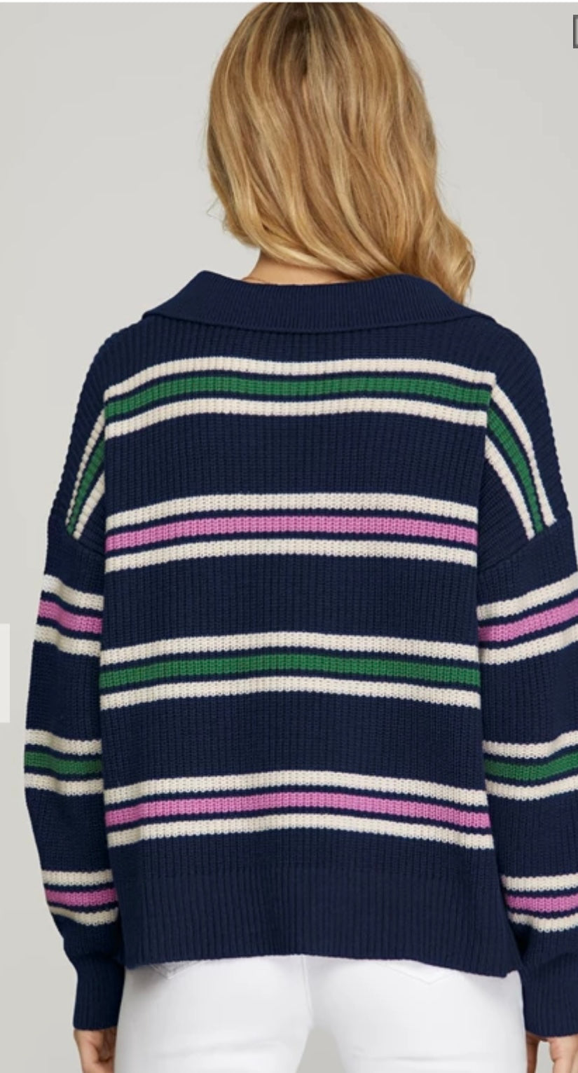 Navy Stripe Collared Sweater