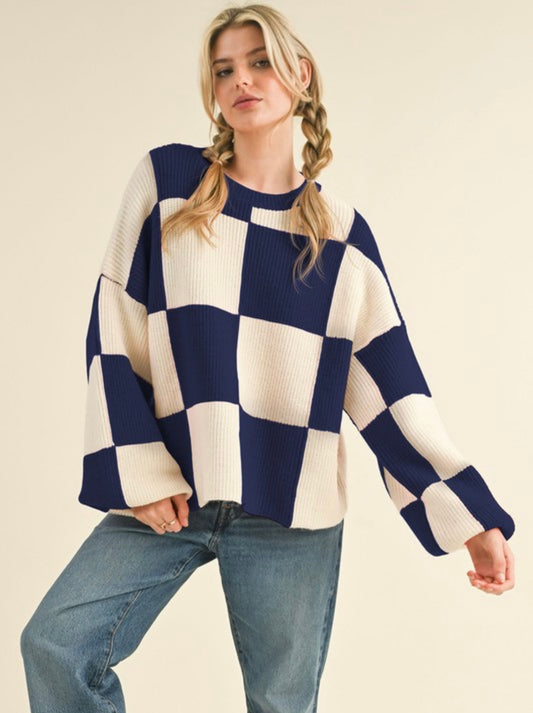 Oversized Navy Checkered Sweater