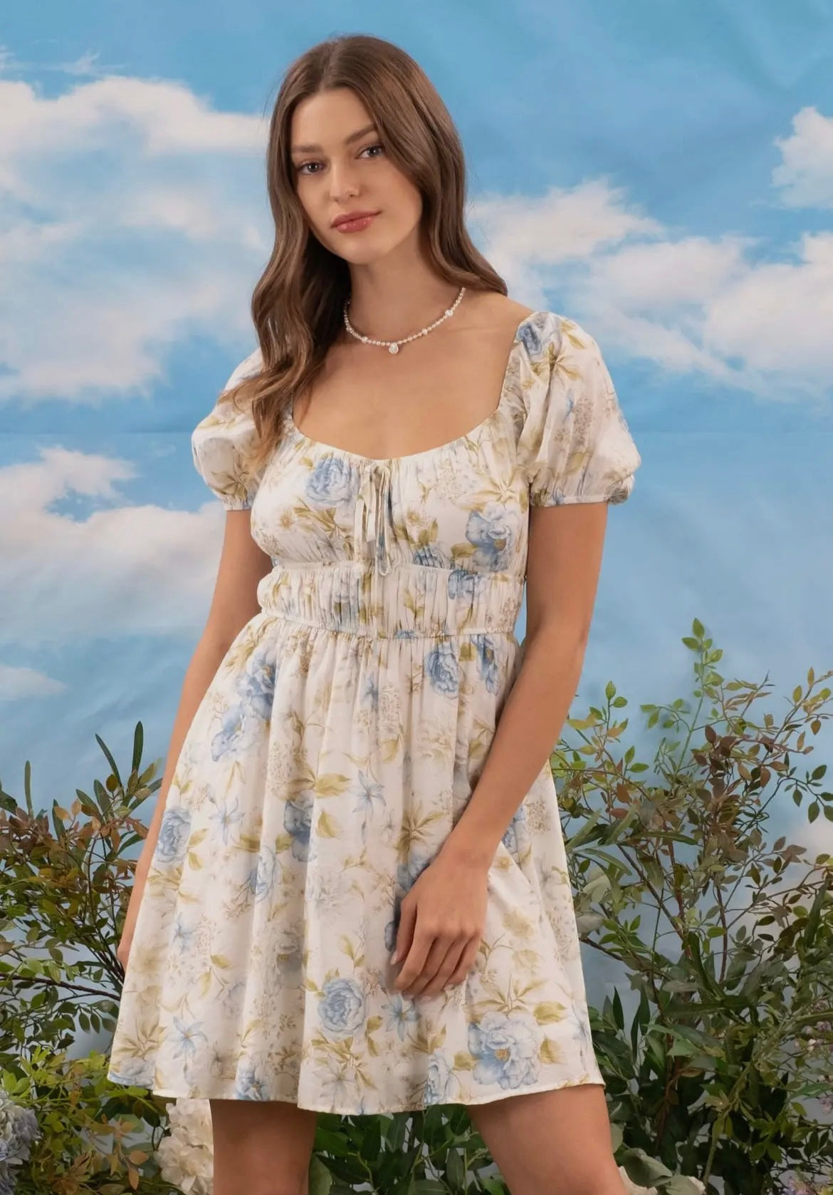 Blue Floral Puff Sleeve Mini Dress