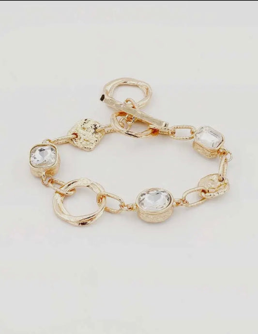 Gold Textured Bracelet with Clear Stones
