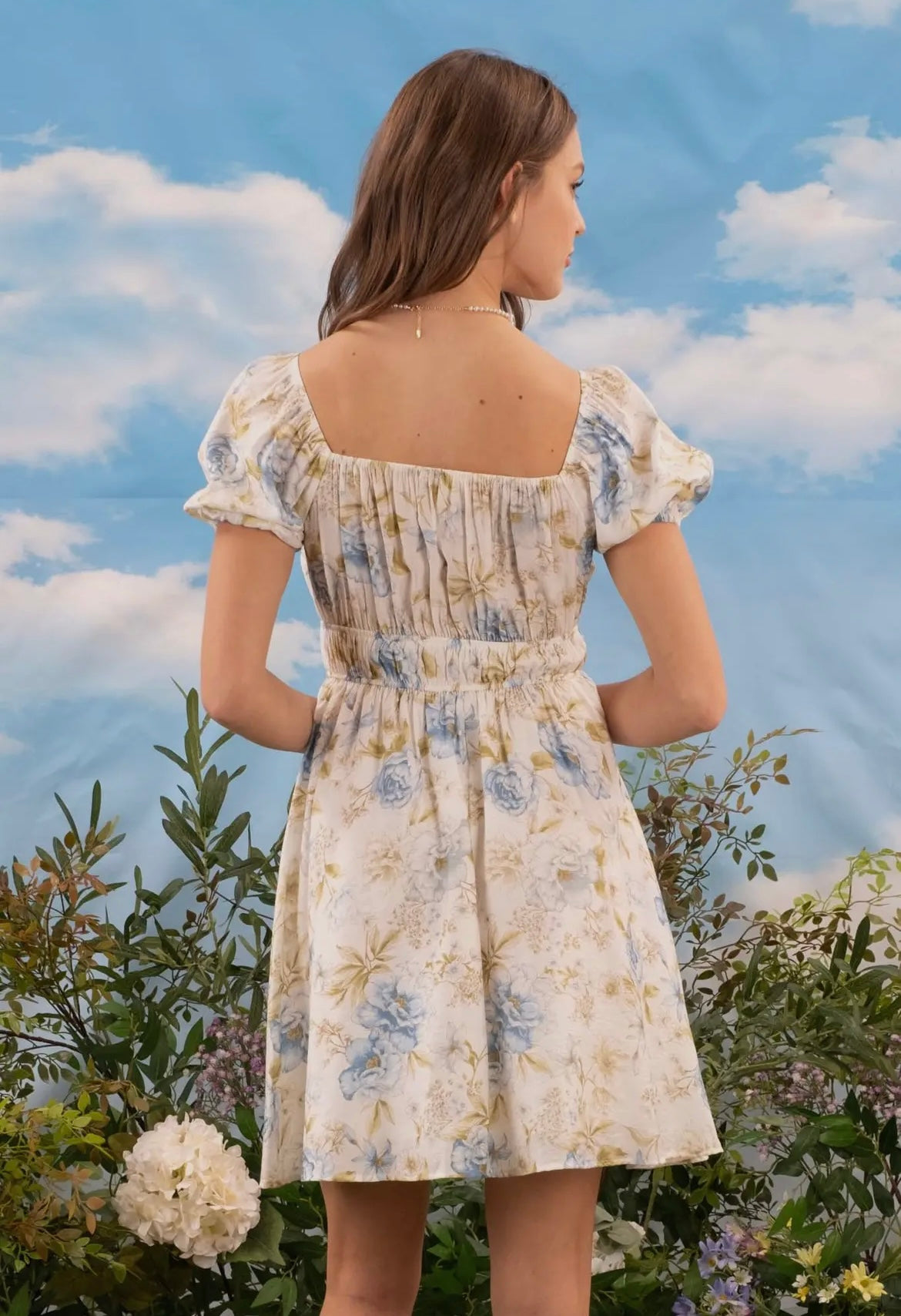 Blue Floral Puff Sleeve Mini Dress