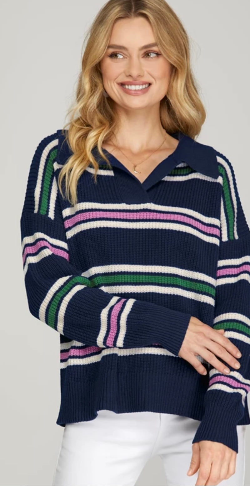 Navy Stripe Collared Sweater