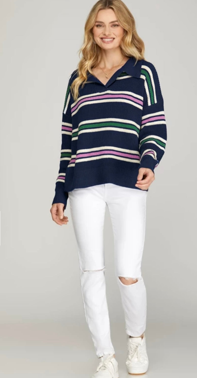 Navy Stripe Collared Sweater