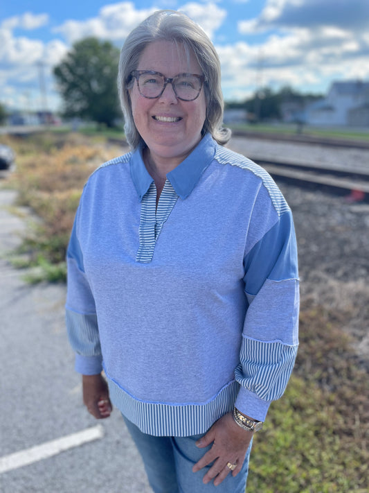 Heathered Grey and Blue Top with Stripes