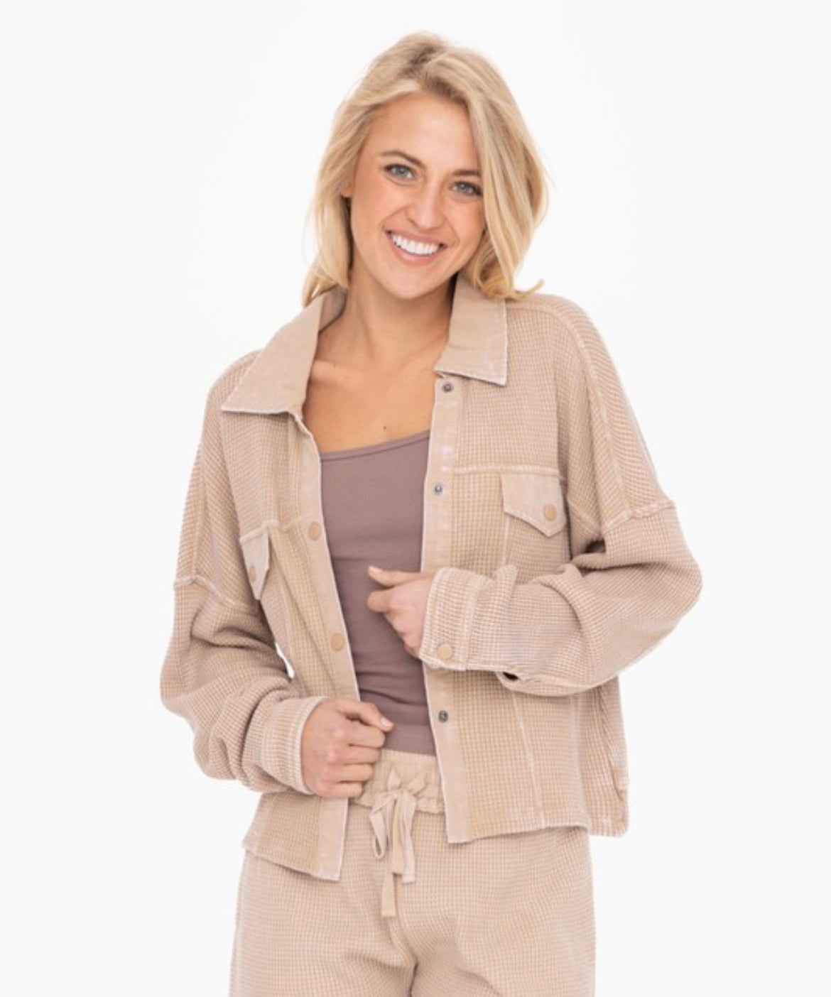 Natural Cropped Waffle Shacket