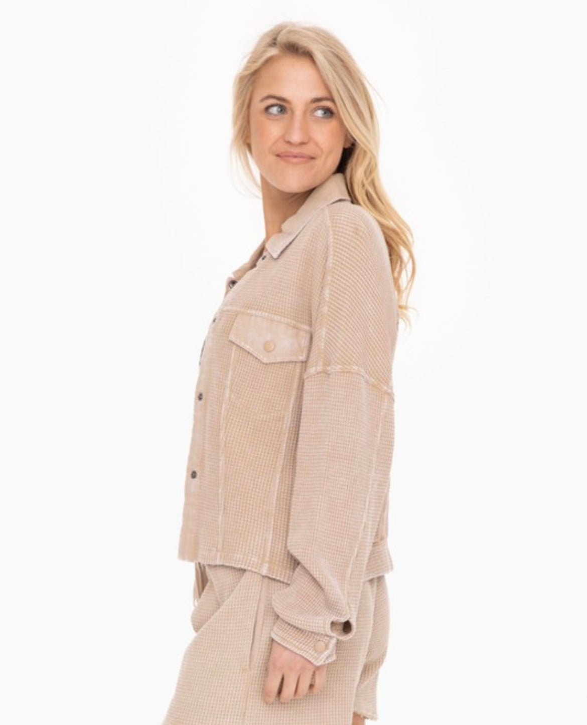 Natural Cropped Waffle Shacket