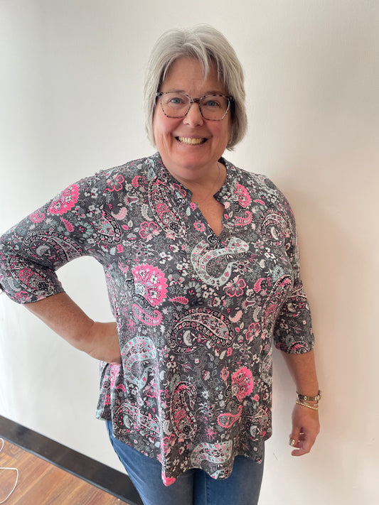 Grey Paisley Wrinkle Free Blouse