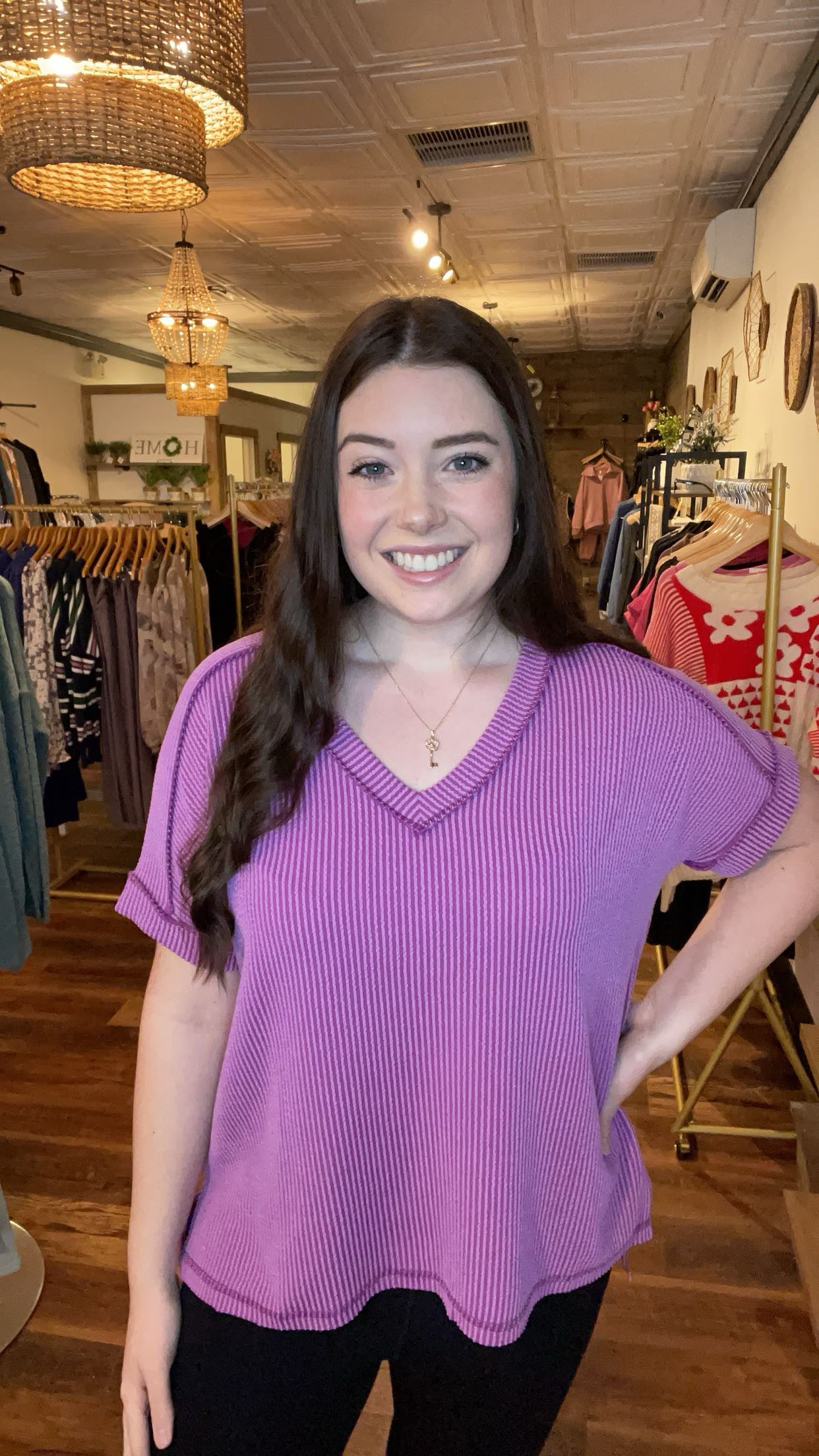 Ribbed Hi-Low V-Neck Short Sleeve Top Plus
