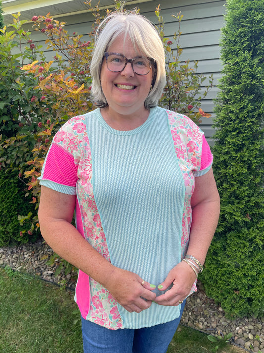 Mint and Fuchsia Floral Ribbed Top