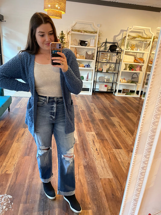 High Rise Distressed Dad Jean with Bottom Cuff