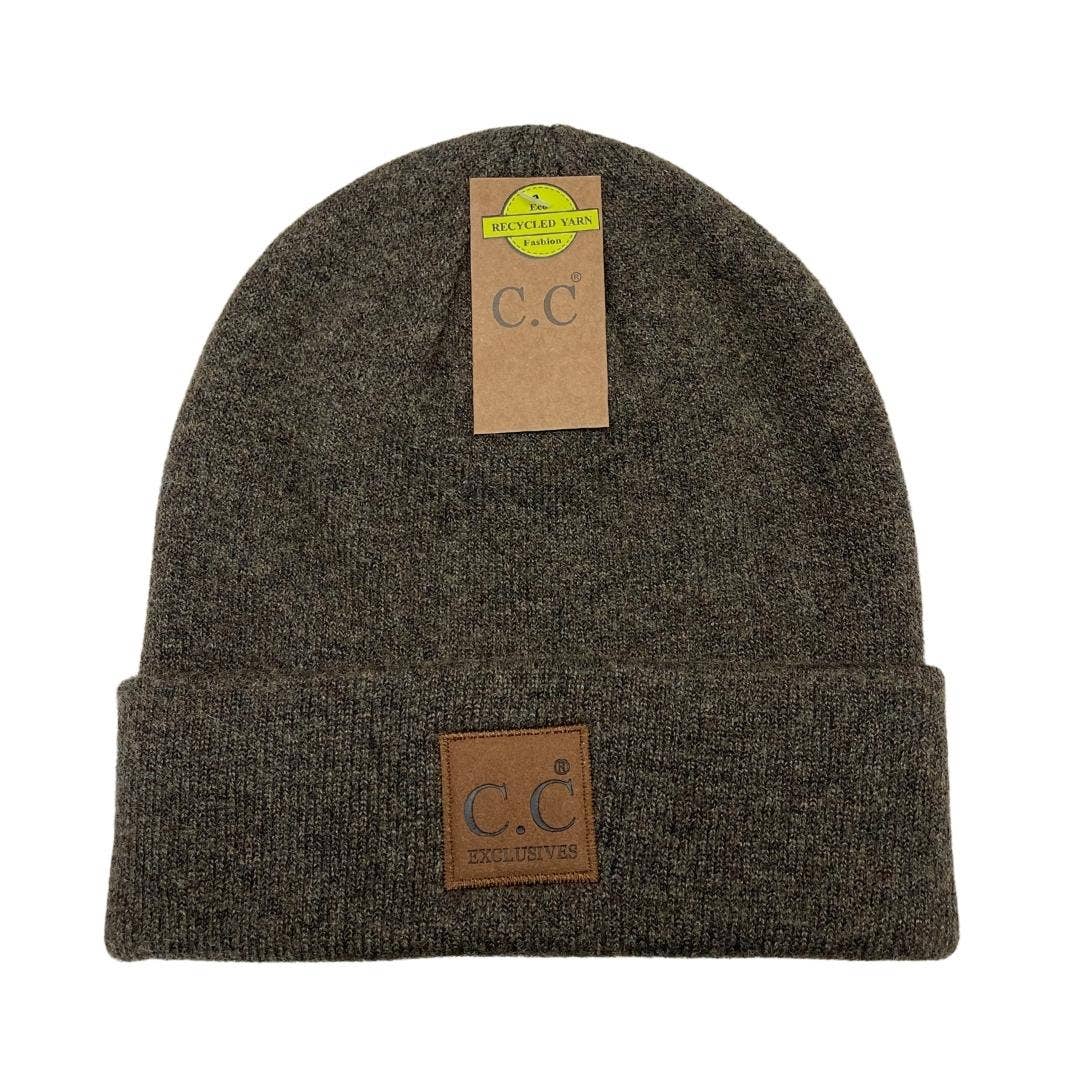 Lt Grey Unisex Soft Ribbed Leather Patch C.C. Beanie