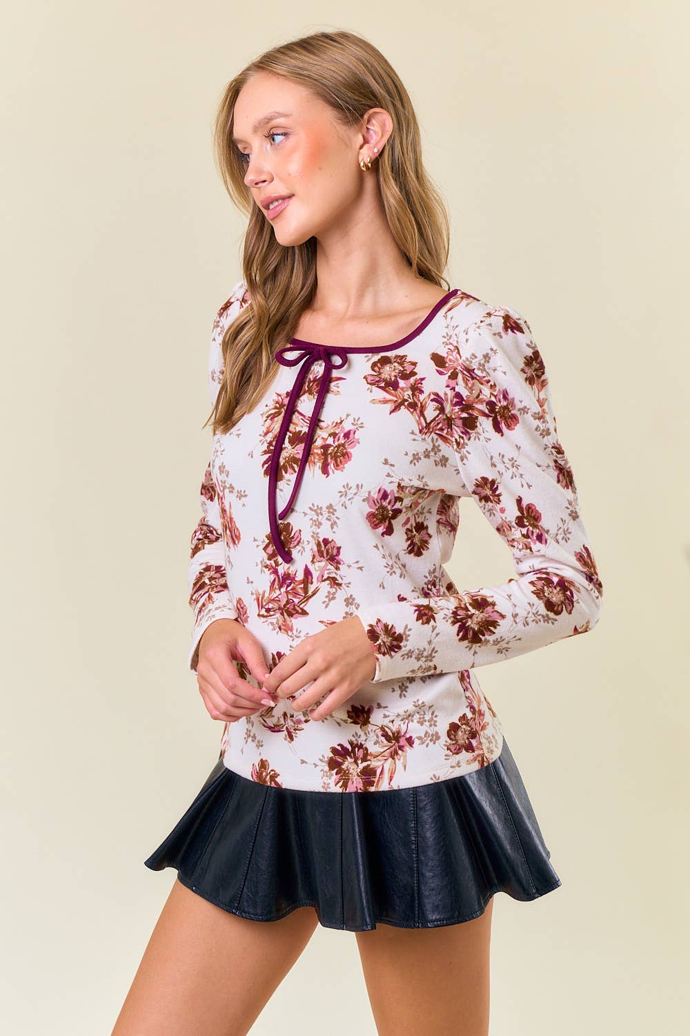 Burgundy Floral Square Neck Ribbon Puff Long Top