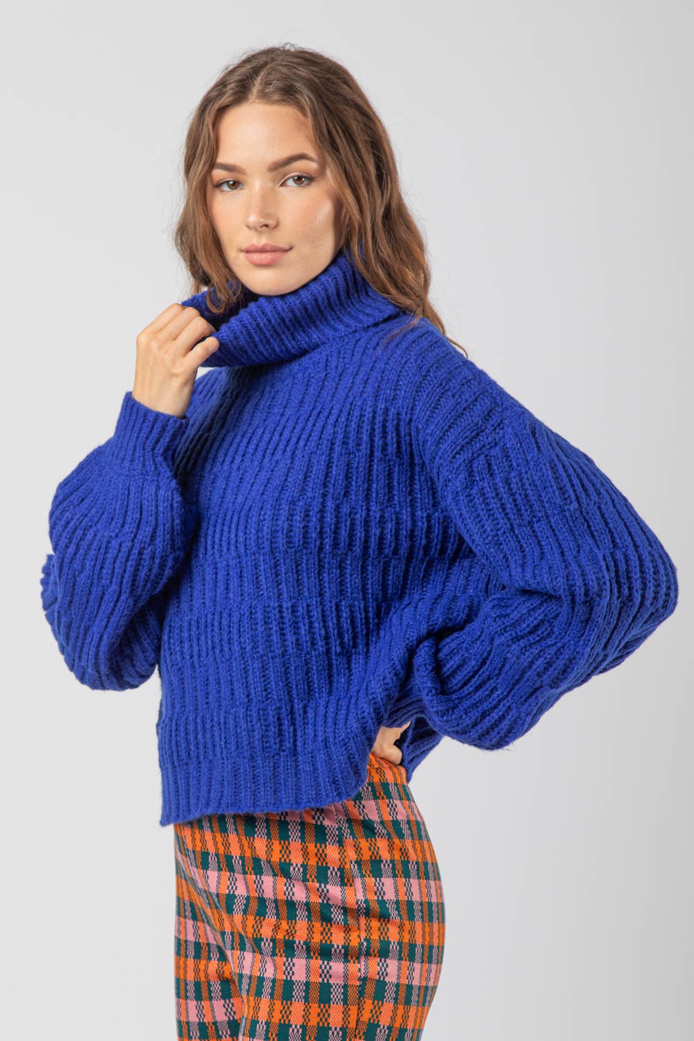 Royal Blue Turtle Neck Textured Knit Sweater Top