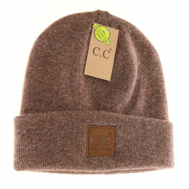 Heather Beige Unisex Soft Ribbed Leather Patch C.C. Beanie