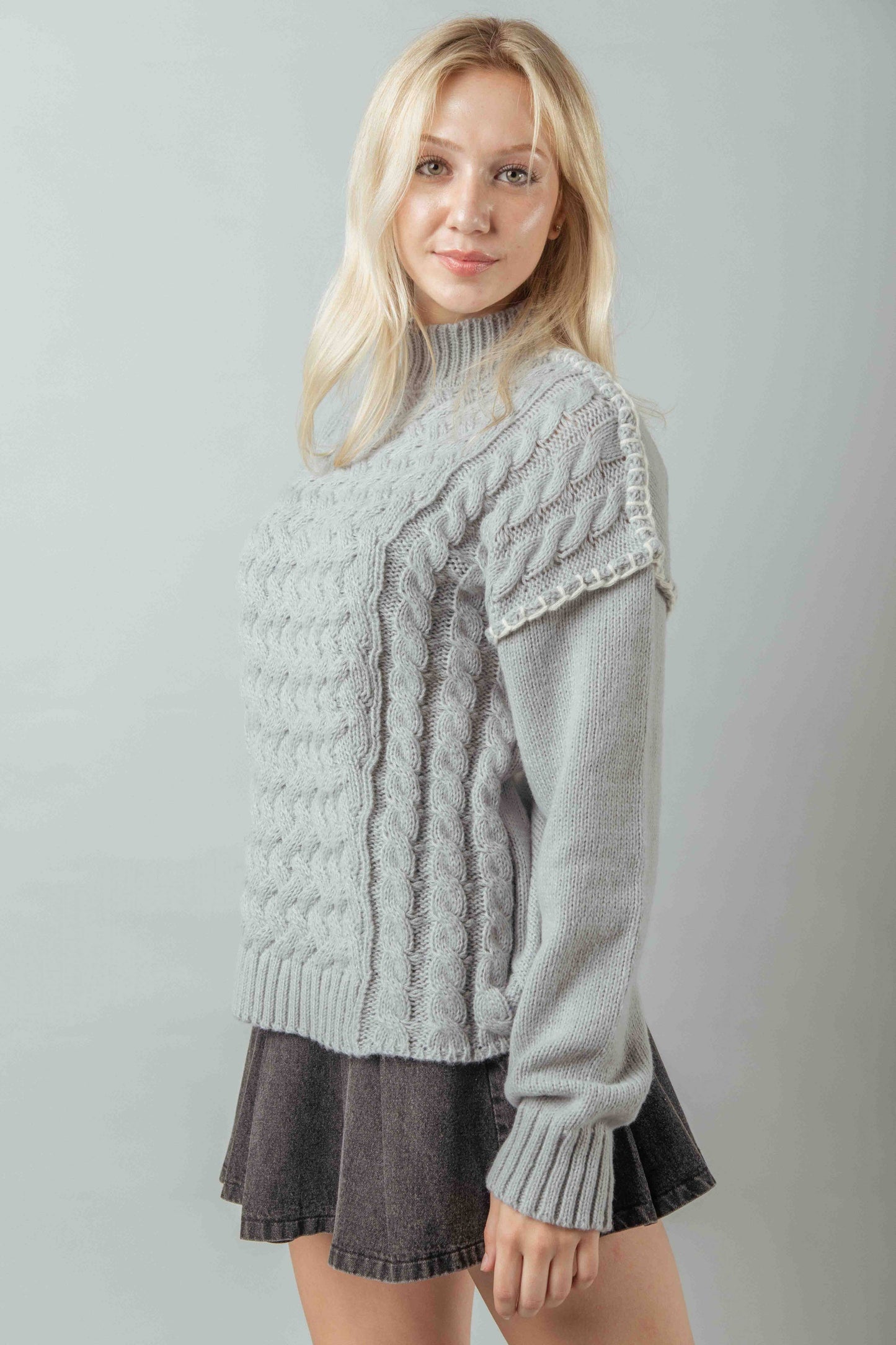 Grey Stitch Detail Cable Knit Sweater Top