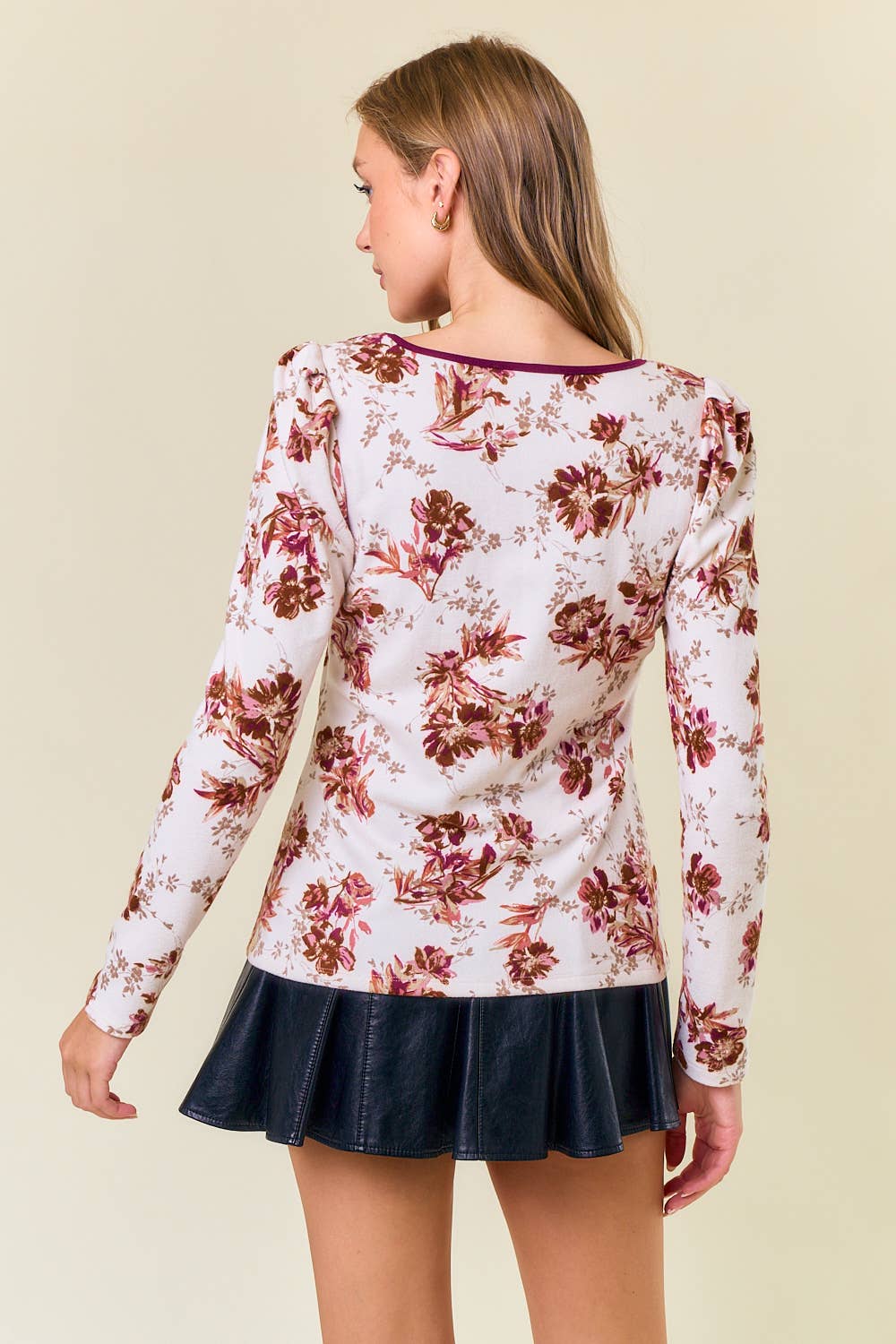 Burgundy Floral Square Neck Ribbon Puff Long Top