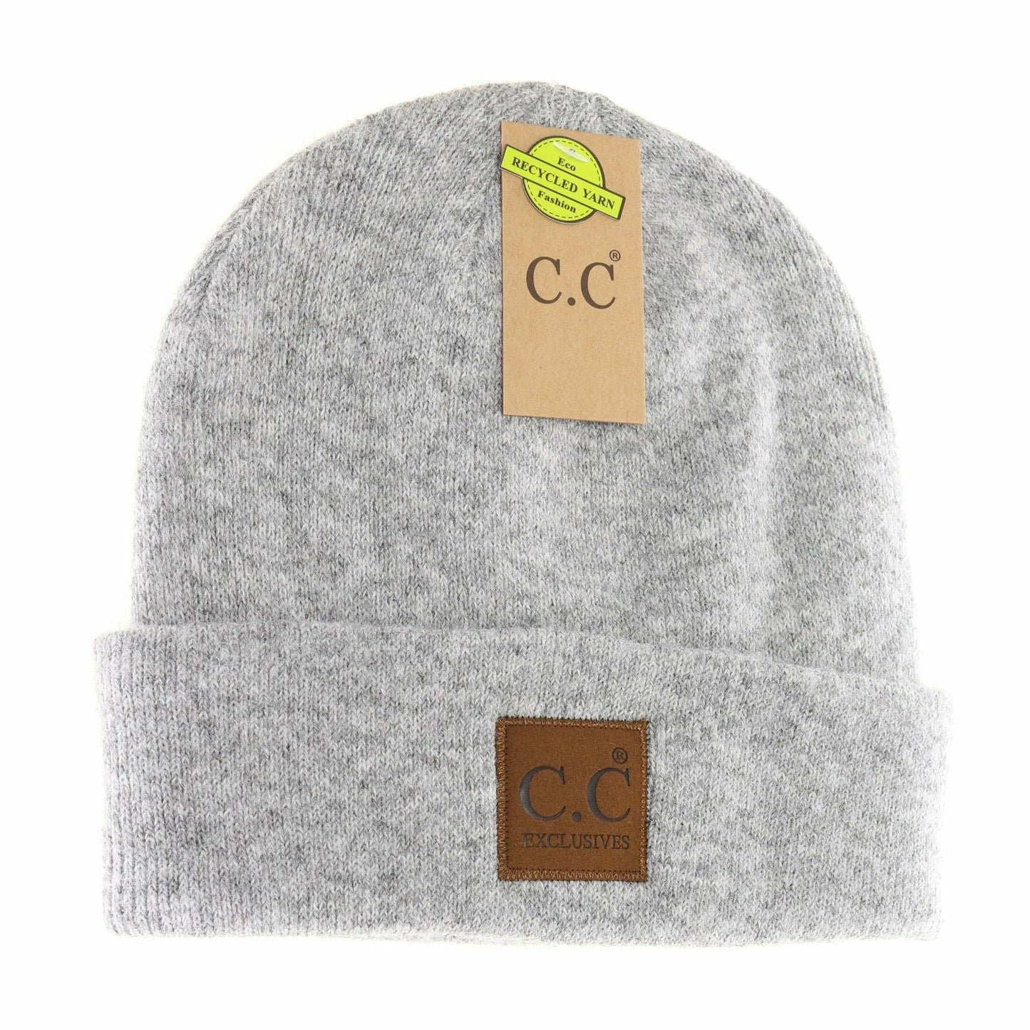 Heather Beige Unisex Soft Ribbed Leather Patch C.C. Beanie