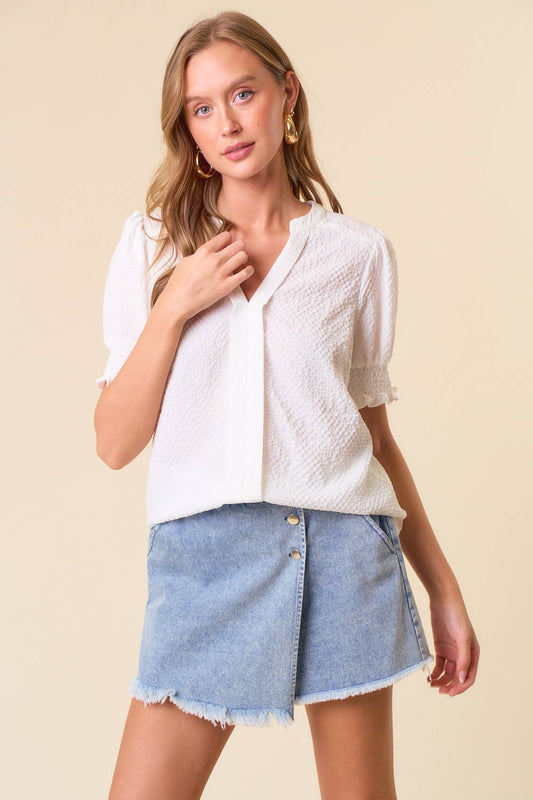 Off White Woven Notched Neckline Puff Short Sleeve Blouse